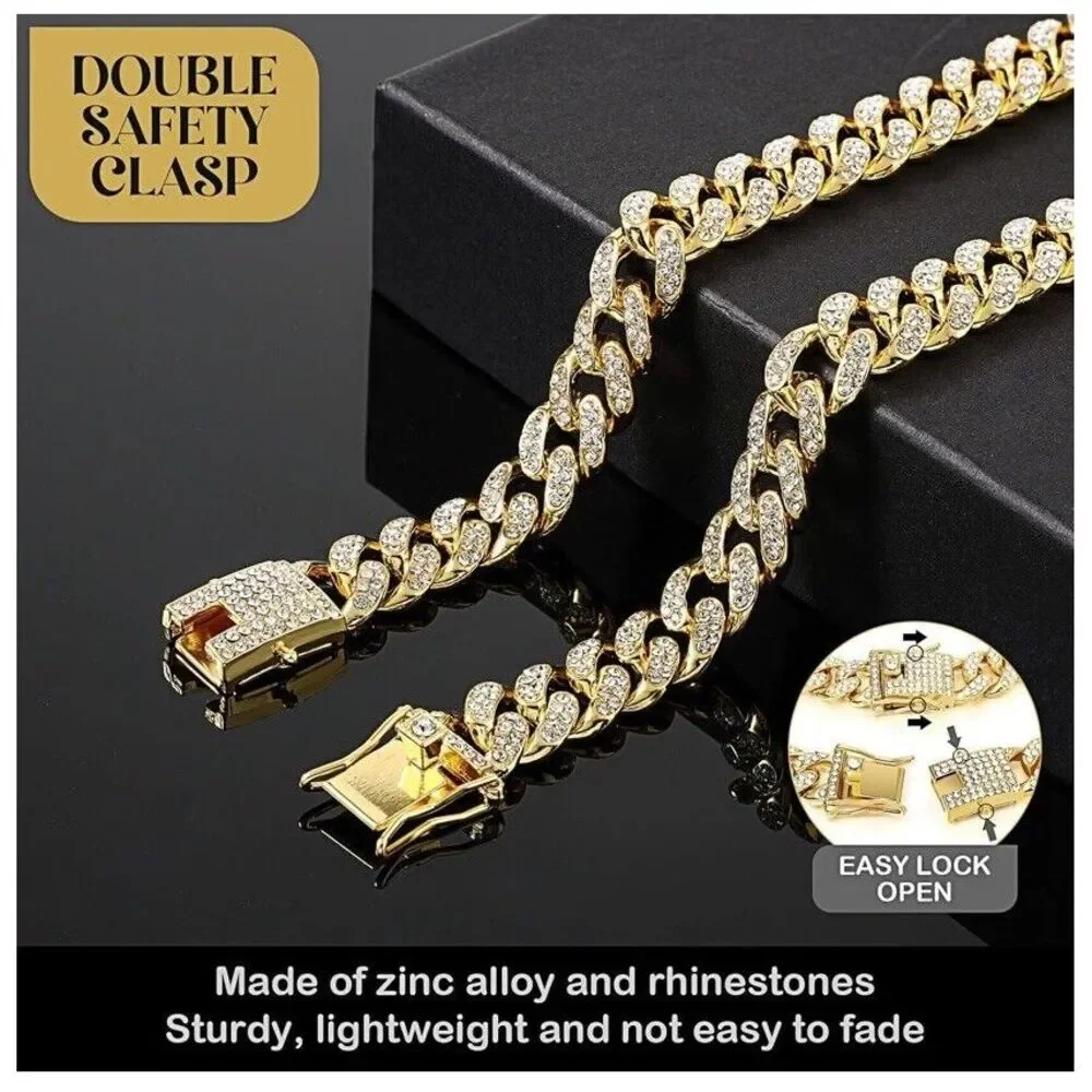 Pet Dog Cat Metal Gold Chain Diamond Cuban Link Collar Luxury Necklace Bling 12